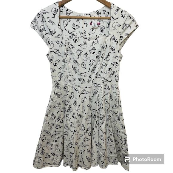 Ixia Women’s Cat Print Fit & Flare Dress White & Black Retro Style Made In USA L - Picture 2 of 9